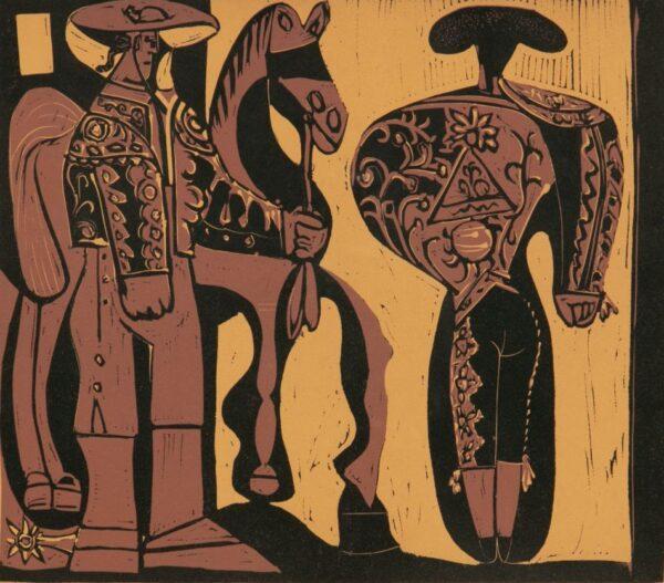 After Pablo Picasso (Spanish, B. 1881-1973) Linotcut in Colors on Wove Paper 'Picador Et Torero', H 10.75" W 13" Frame Size: H 21.75" W 24" Depth 1"