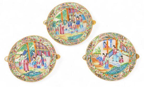 Cantonese Famille Rose Mandarin Porcelain Hot Water Warming Plates, Ca. Mid 19th C., H 2.5" Dia. 9.5" 3 PCS