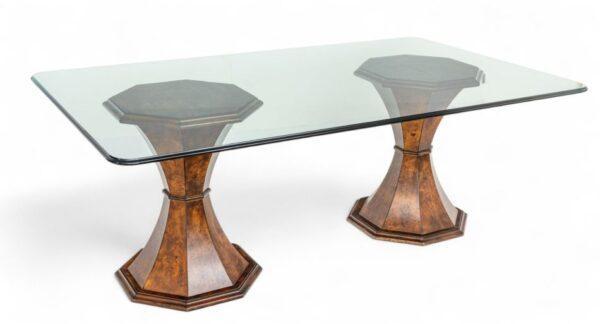 Glass Top Dining Room Table on Double Pedestal Base, Ca. 2000, H 30" W 48" L 80"