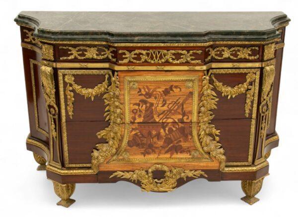 Louis XV Style Marble Top, Carved Mahogany And Fruitwoods, Bronze Ormolu Commode H 38" W 58" Depth 21"