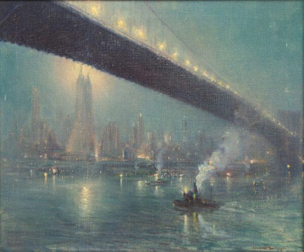 Johann Berthelsen (American, 1883-1972) Oil on Canvas 'Nocturne, Manhattan from Under the Brooklyn Bridge', H 20.25" W 24.25" Frame Size: H 24.5" W 28.5"