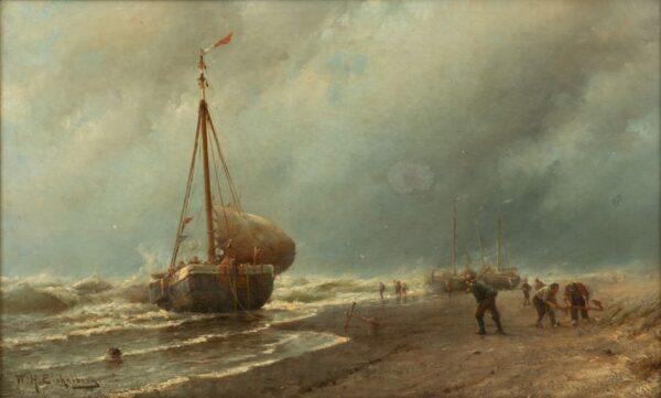 Willem Hendrik Eickelberg (Dutch, 1845-1920) Oil on Canvas, 19th C., 'Sailing Vessels at Low Tide', H 17" W 27" Frame Size: H 22" W 32.25"