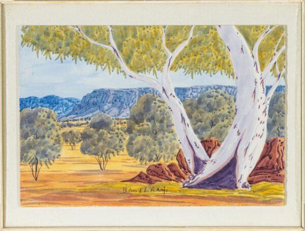 Basil Rantji (Australian, 1936-1999) Watercolor on Artist Board, 'Ghost Gum at the MacDonnell Ranges, Central Australia', H 7.125" W 10.75"