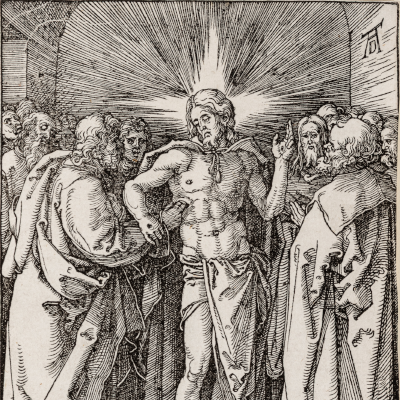 Engraved scene of Jesus standing center with a glowing radiance behind him, surrounded by apostles in a dim room.