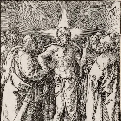 Engraved scene of Jesus standing center with a glowing radiance behind him, surrounded by apostles in a dim room.