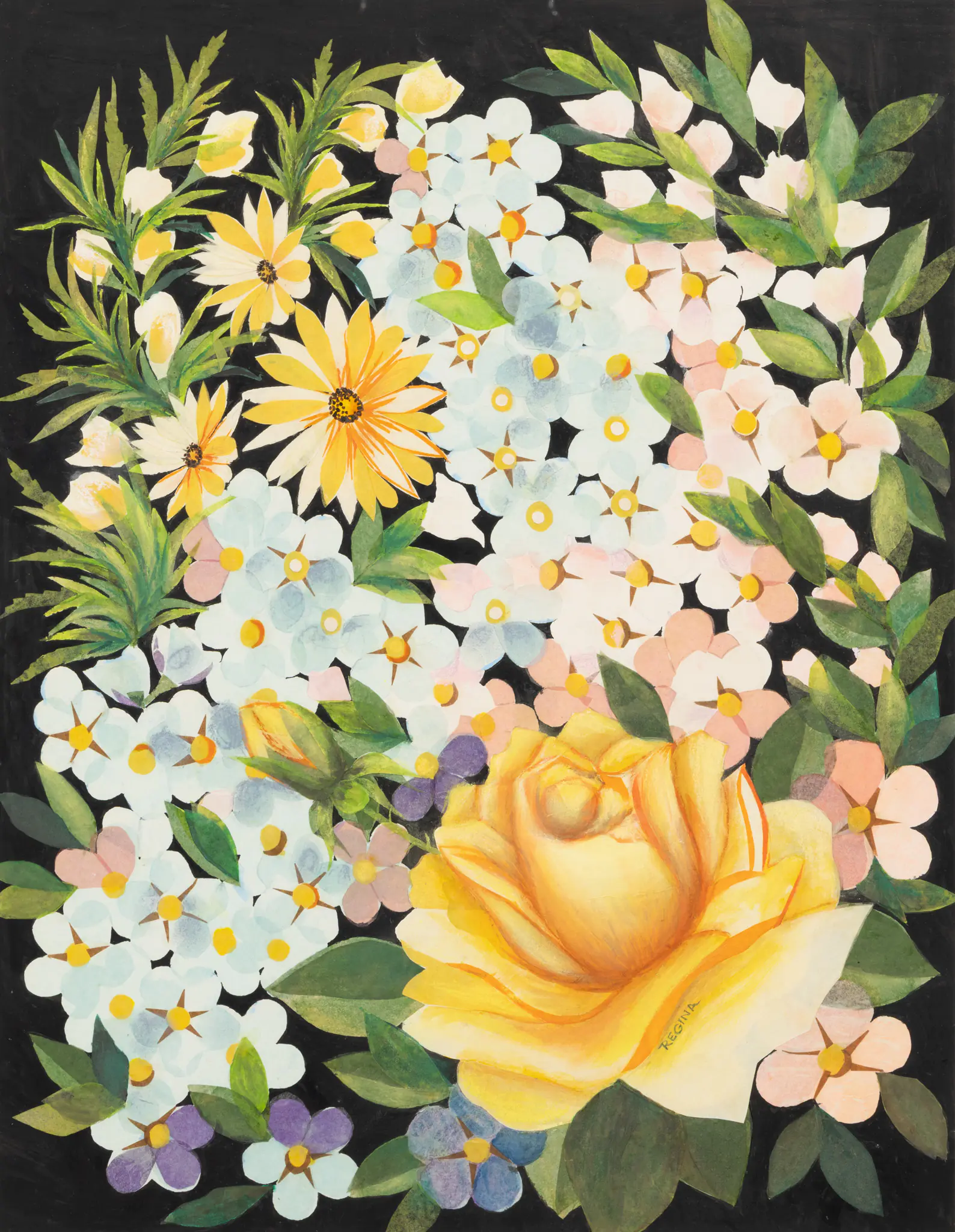 Vibrant floral painting with yellow daisies, pale blue hydrangeas, pink blossoms and green leaves against a black background.