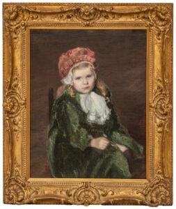 Portraying the innocent visage of a young girl adorned in period attire.