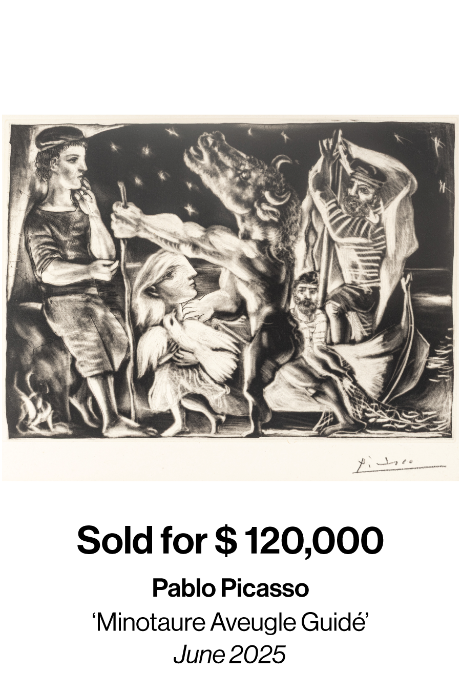 Black-and-white illustration of a group gathered around a large, roaring beast under a starry night; a bearded man in striped clothing raises a rope while others watch.