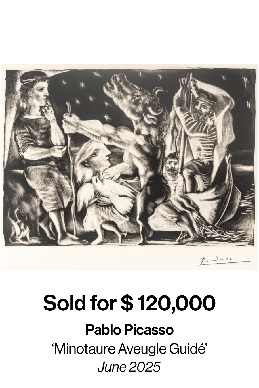 Black-and-white illustration of a group gathered around a large, roaring beast under a starry night; a bearded man in striped clothing raises a rope while others watch.