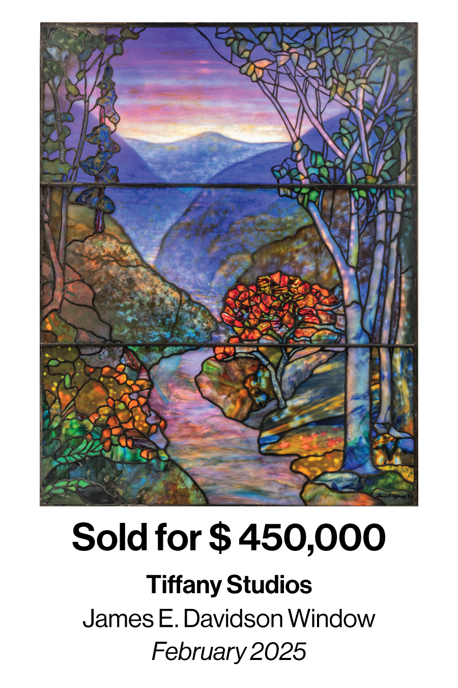 Vibrant stained-glass window depicting a mountainside landscape with a winding river and colorful trees in a sunset hue