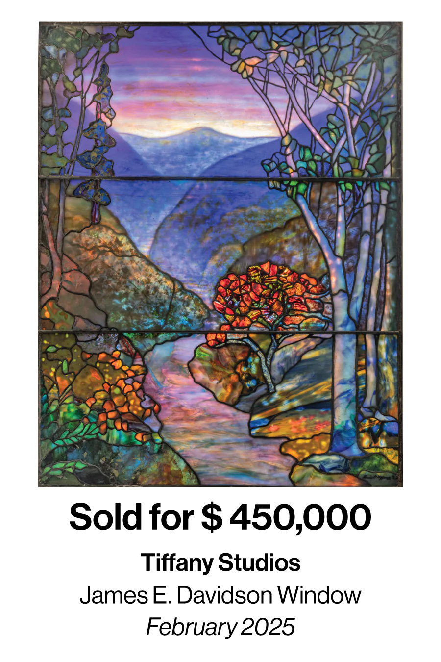 Vibrant stained-glass window depicting a mountainside landscape with a winding river and colorful trees in a sunset hue