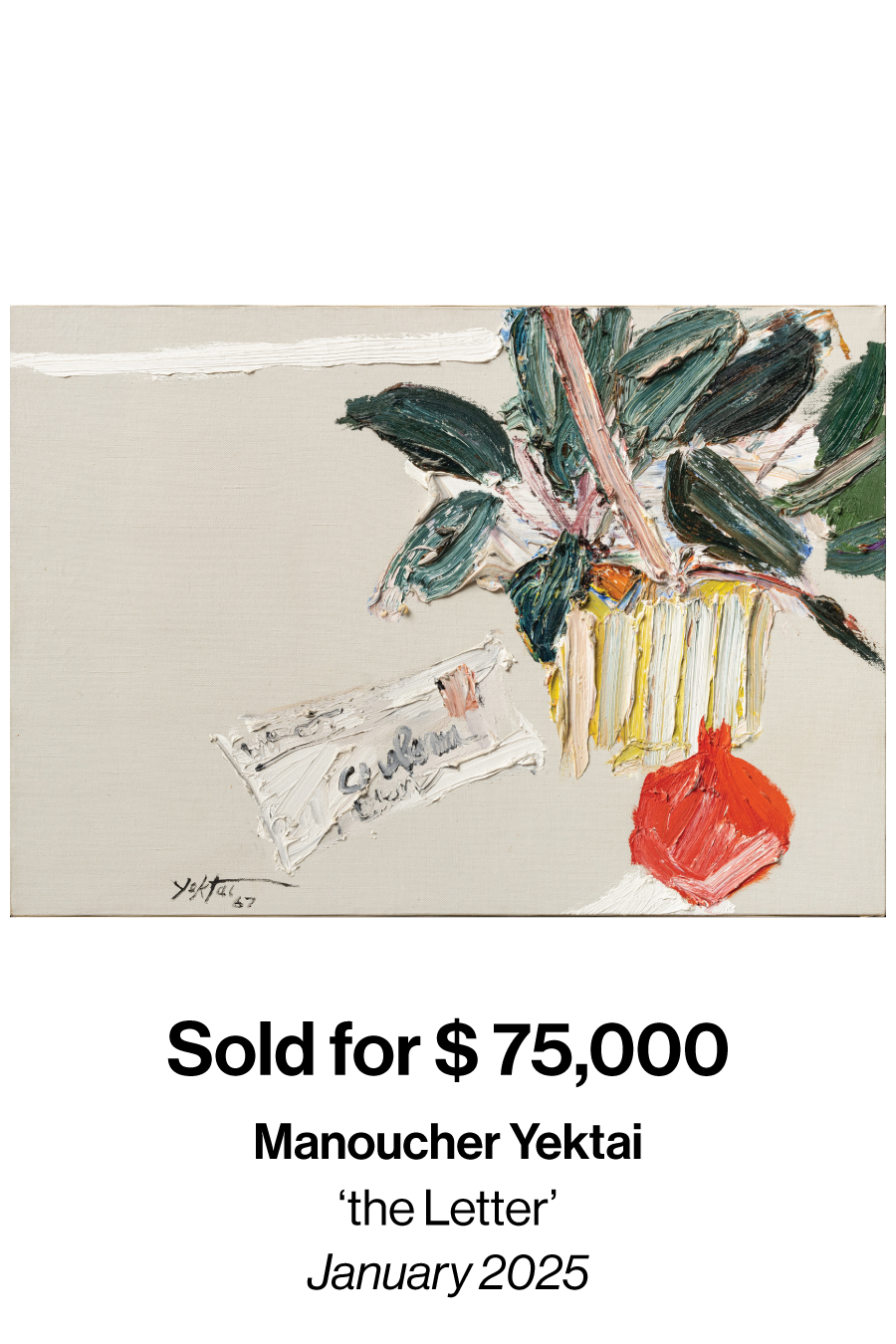 Expressionist oil painting of a bouquet in a striped vase with thick, textured brushstrokes and bold greens, yellows, and reds on a light background