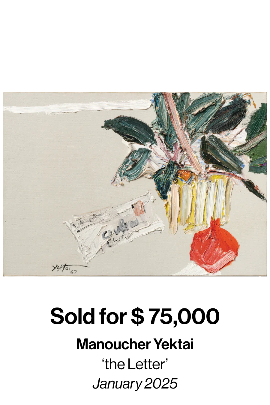 Expressionist oil painting of a bouquet in a striped vase with thick, textured brushstrokes and bold greens, yellows, and reds on a light background
